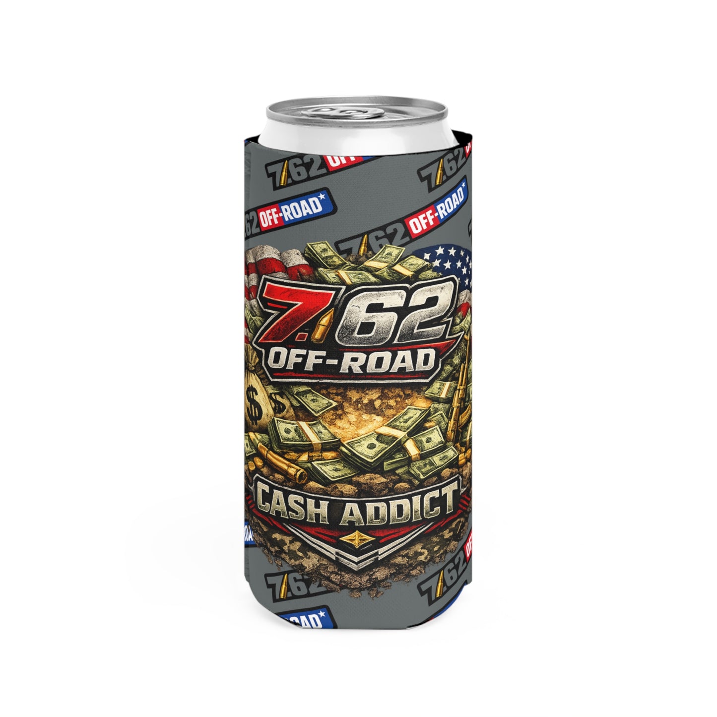 Slim Can Cooler — 7.62 Off-Road "Cash Addict" Flag & Money Graphic