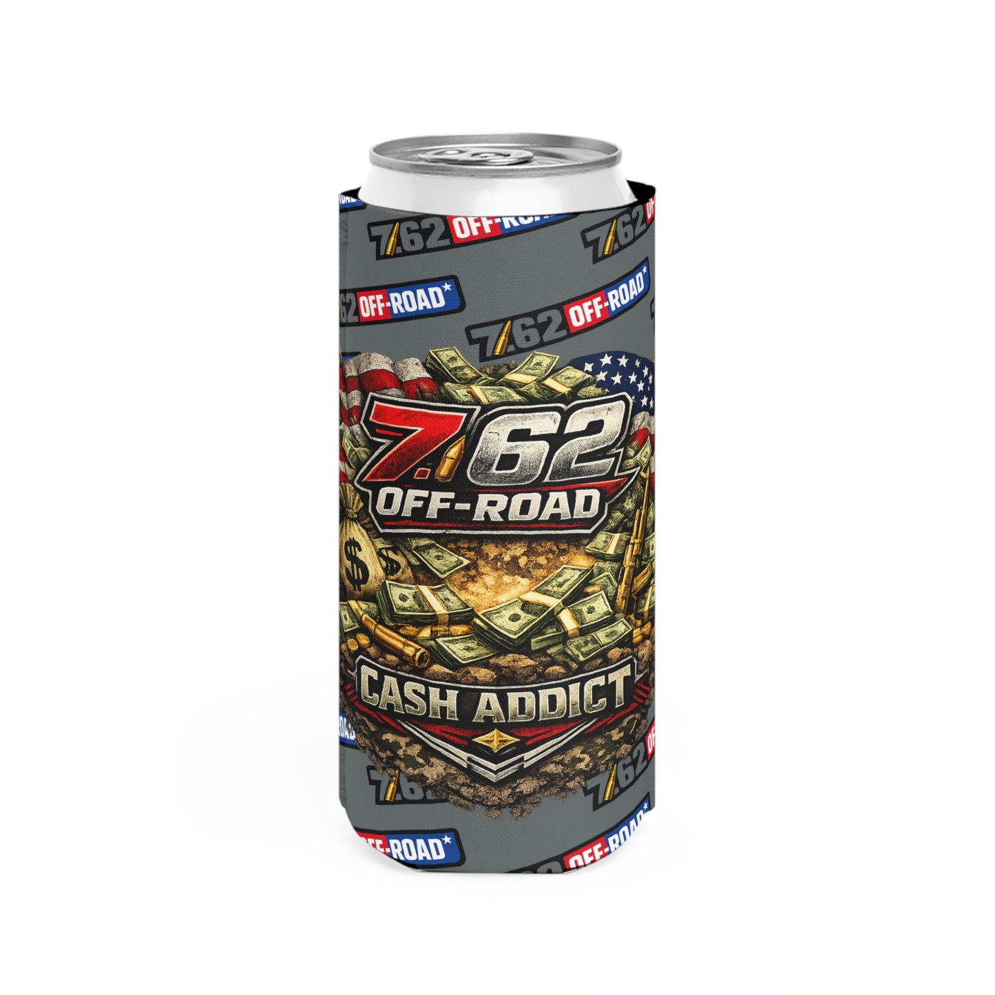 Slim Can Cooler — 7.62 Off-Road "Cash Addict" Flag & Money Graphic